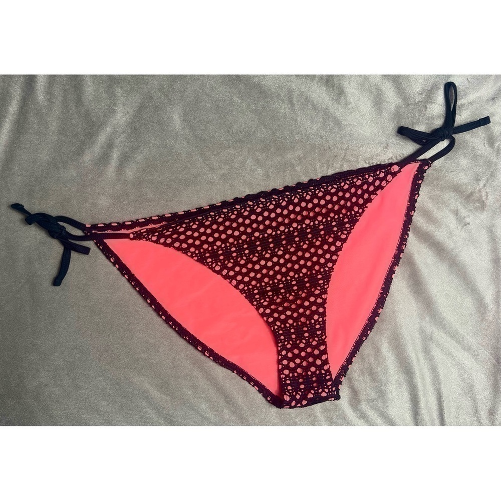 Topshop Black Fishnet Crochet Neon Coral Side Tie Bikini Bottoms Size 12 Large